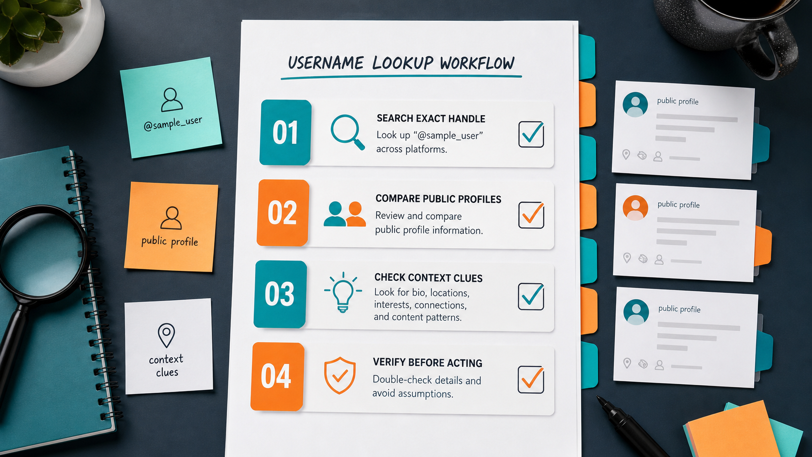 Username search workflow checklist with public profile comparison steps