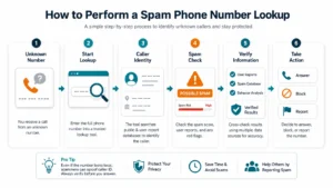 Infographic on spam phone number lookup with six call-check steps and icons