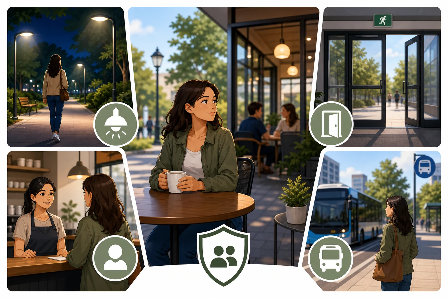 Safer first-date meeting location factors including lighting, staff, exits, and transport access.