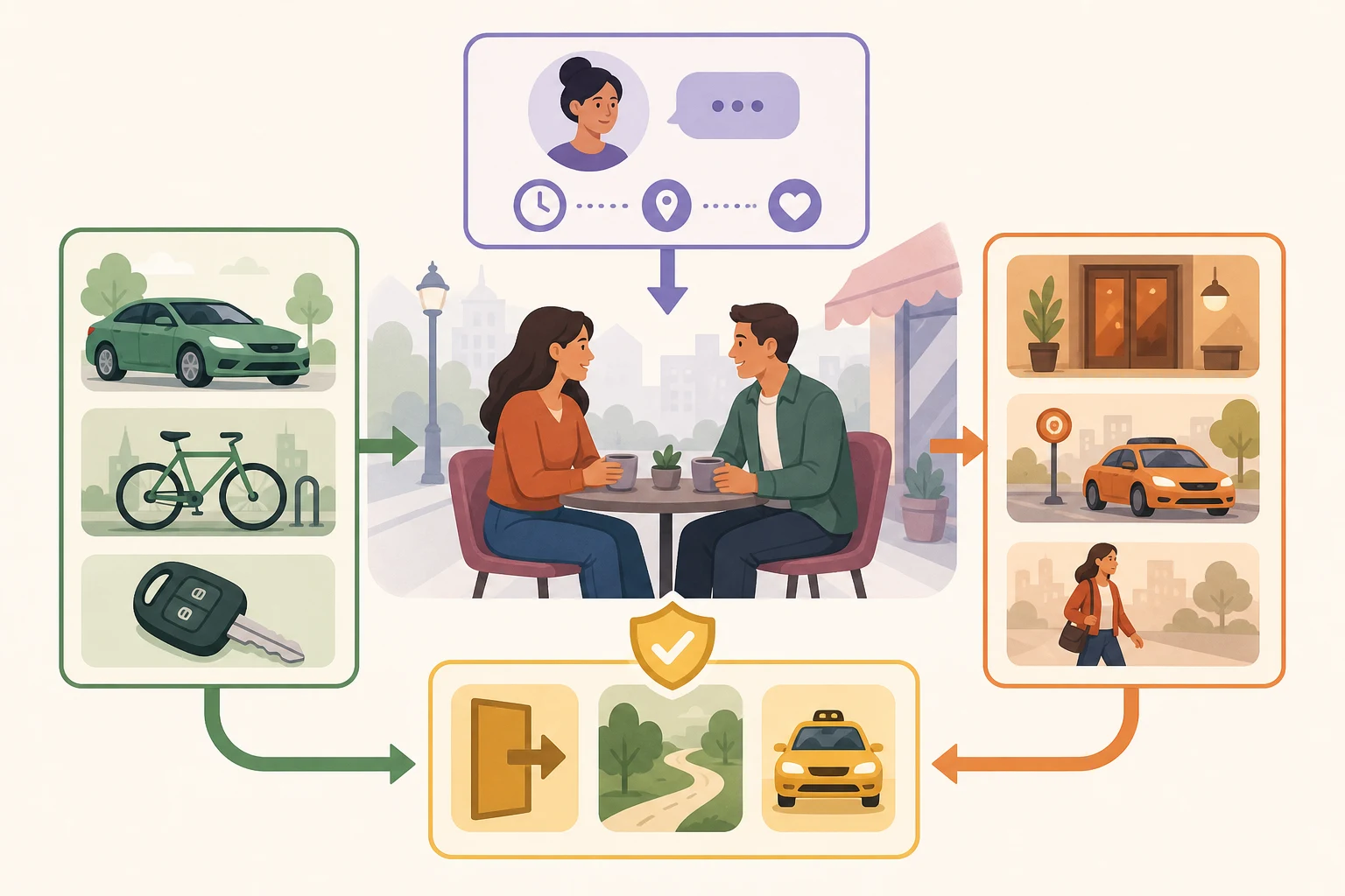 A date safety decision tree for transportation, trusted-contact check-ins, and exit planning.