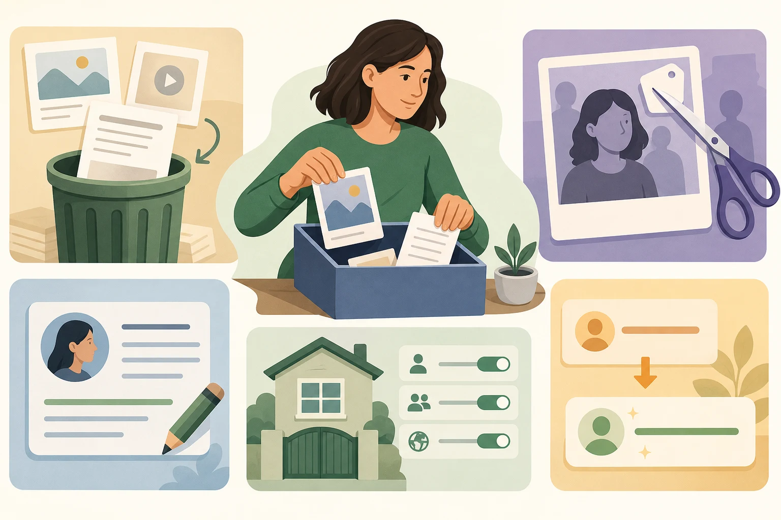 Cleanup actions for social media accounts including deleting posts, removing tags, updating bios, and tightening privacy.