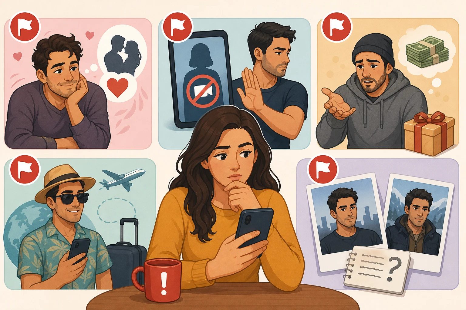 Common catfishing warning signs including rushed intimacy, avoiding video, money pressure, and conflicting details.