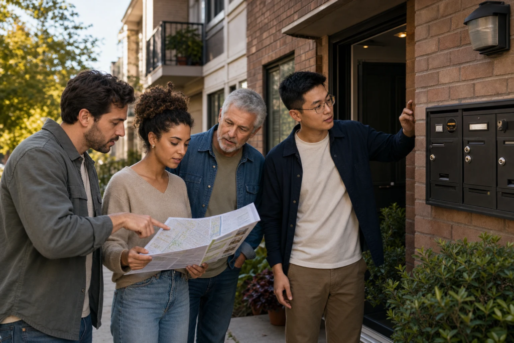 Layered address lookup details including exact address, unit number, linked residents, and source date.