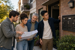 Layered address lookup details including exact address, unit number, linked residents, and source date.