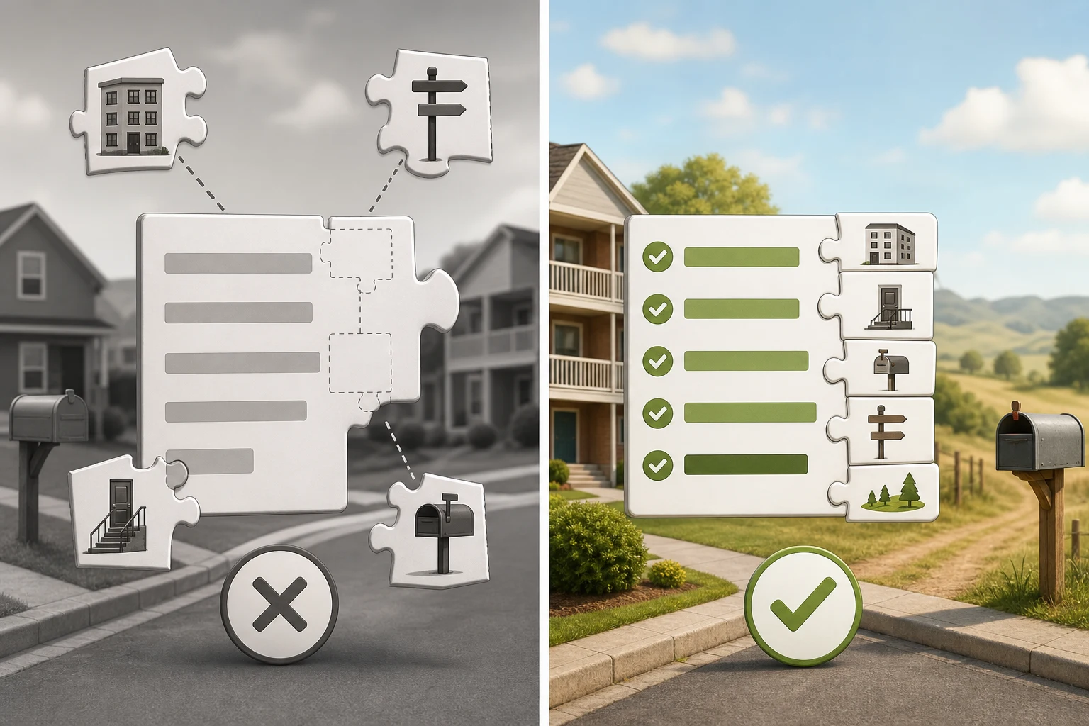 A comparison of incomplete address entry and a cleaner reverse address lookup search.