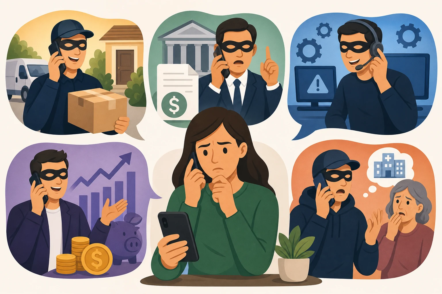 Common phone scam scenarios involving delivery, tax, technical support, investment, and family emergency calls.