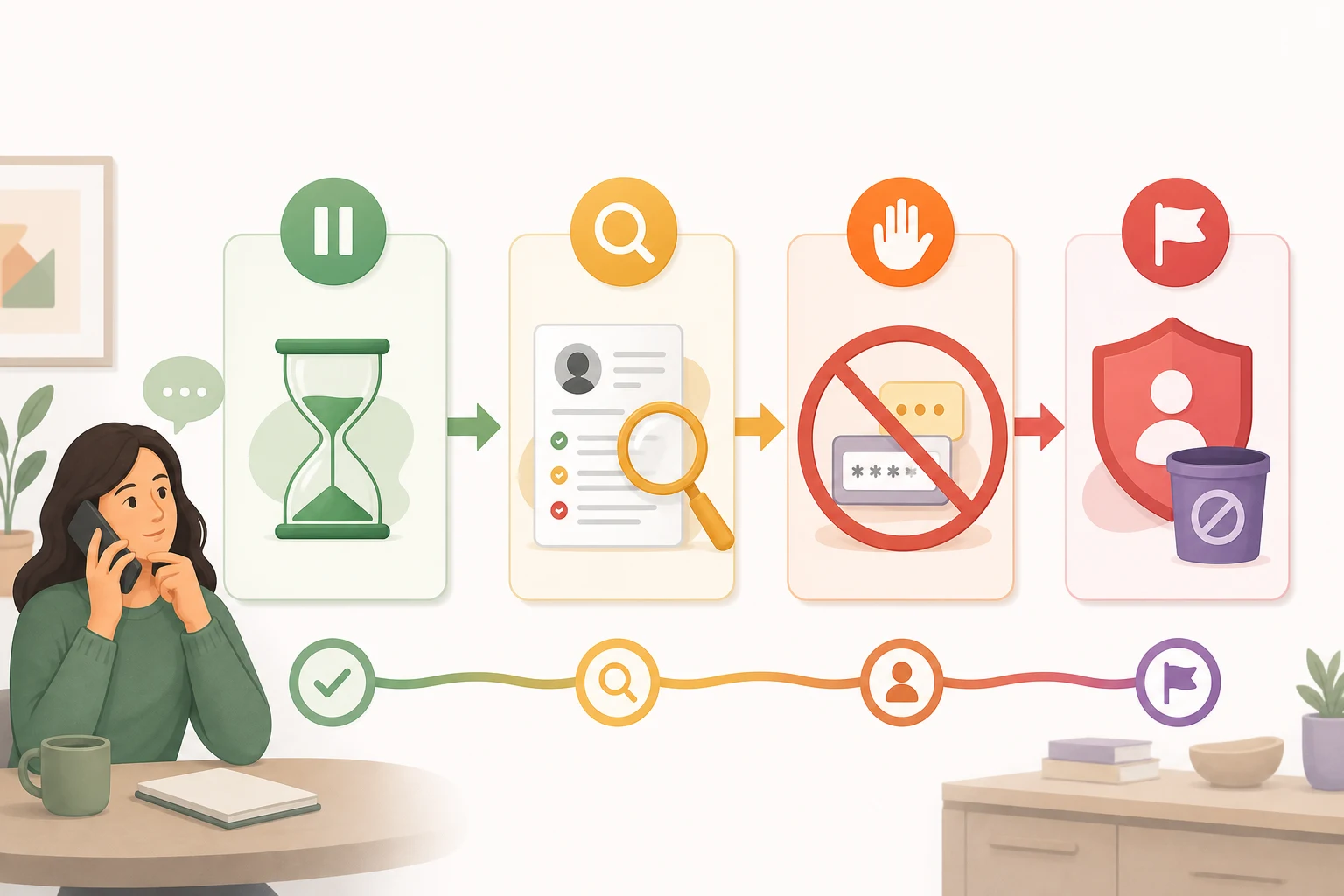 A safer call habit loop for pausing, checking, blocking, and reporting suspicious phone calls.