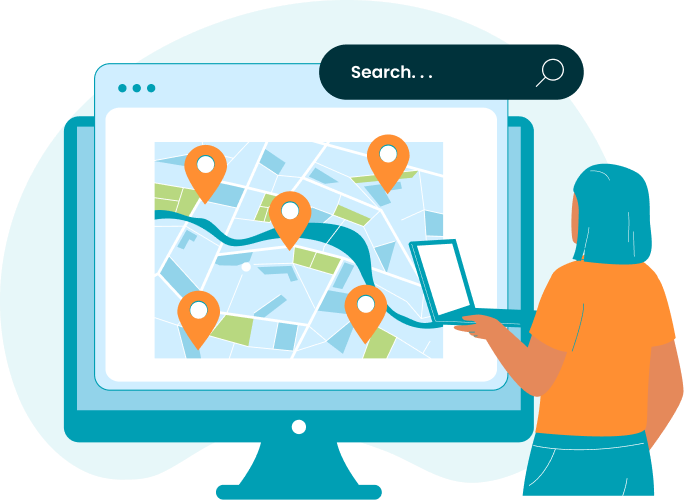 Person researching an address on a computer for a reverse address lookup