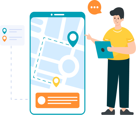 Person pointing at a map route on a tablet for an address search