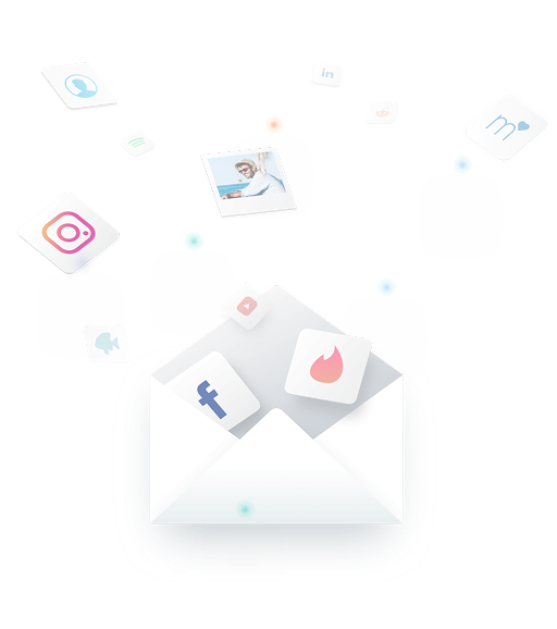 Opened email envelope revealing linked apps, photos, and profiles