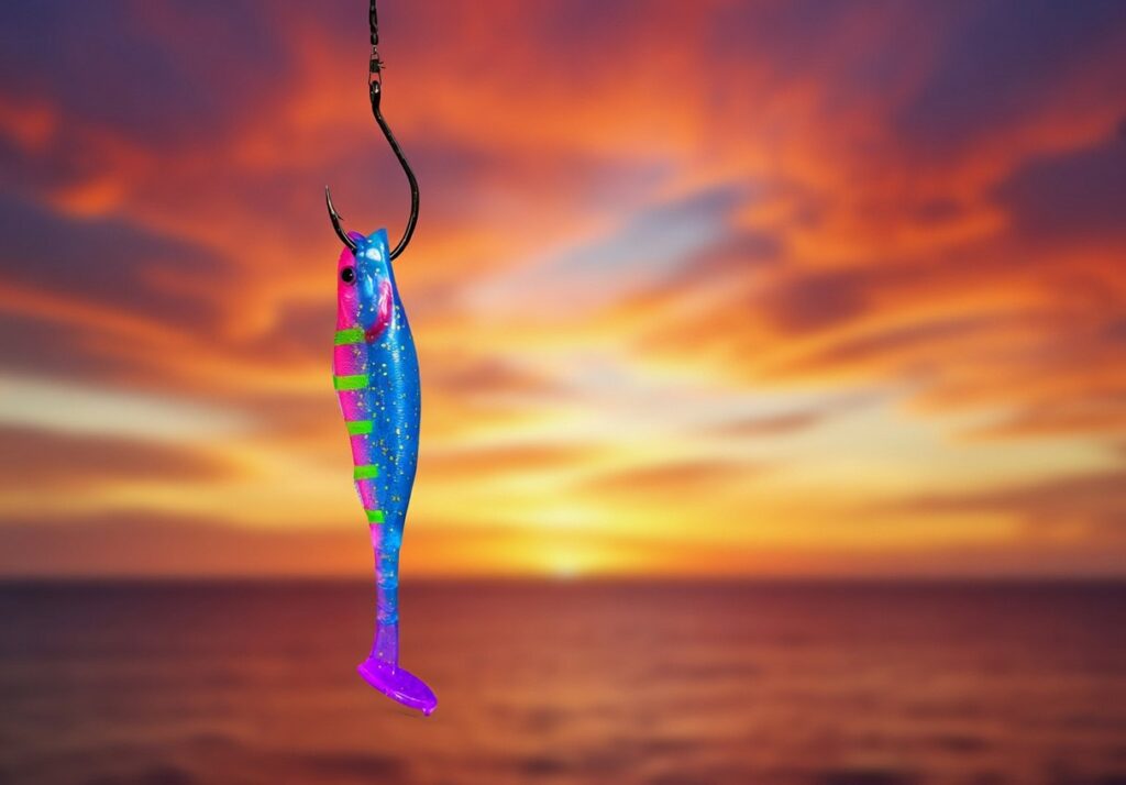 What Is Phishing? 1 A vibrant fish lure with blue and pink colors, suspended against a sunset sky.