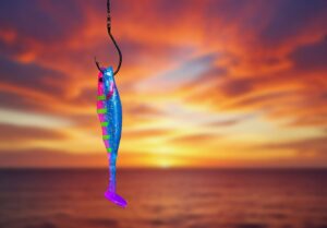 A vibrant fish lure with blue and pink colors, suspended against a sunset sky.