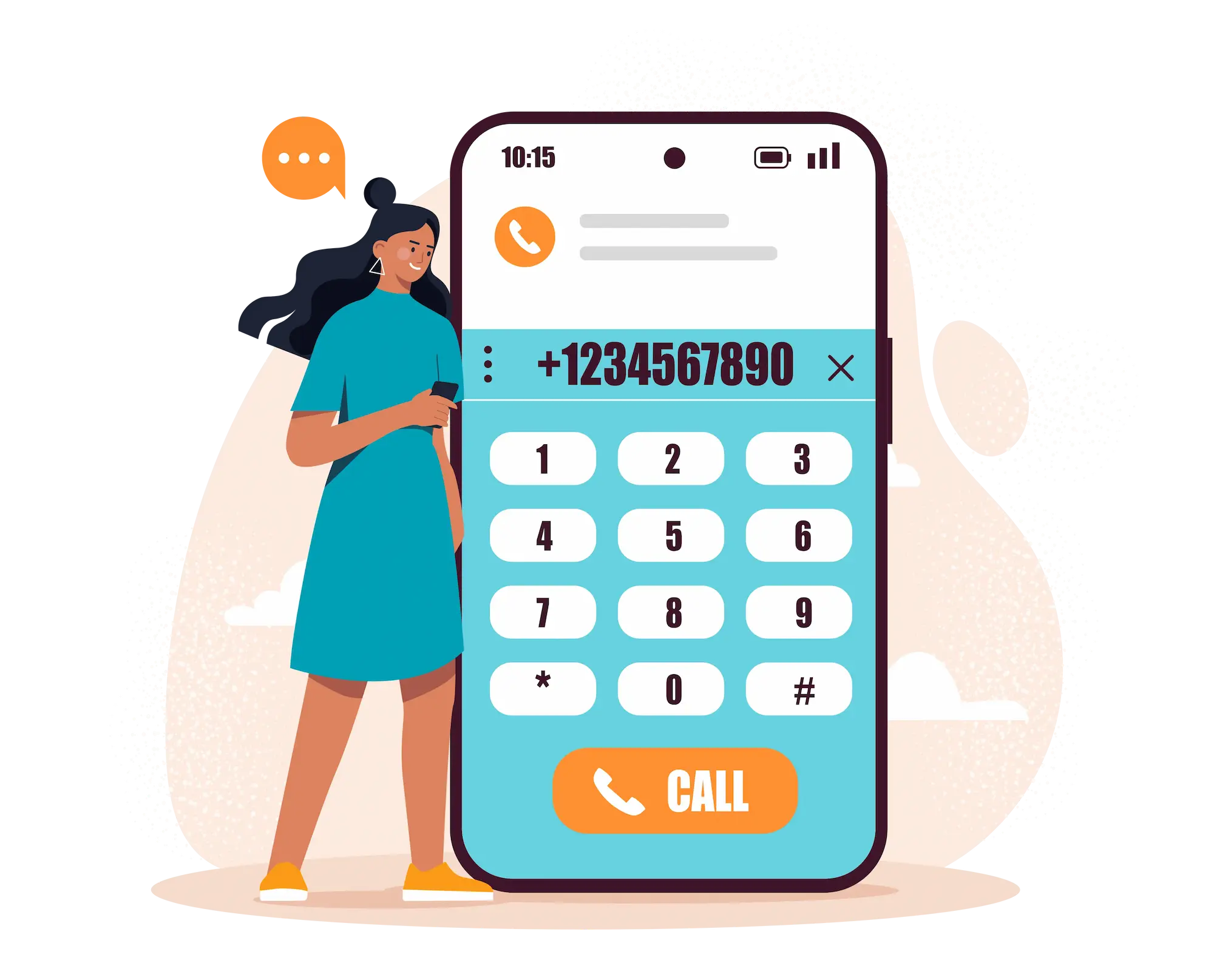 Woman checking caller details on a phone keypad screen