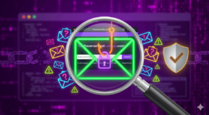 Magnifying glass over a glowing email on a laptop, illustrating how to avoid phishing.