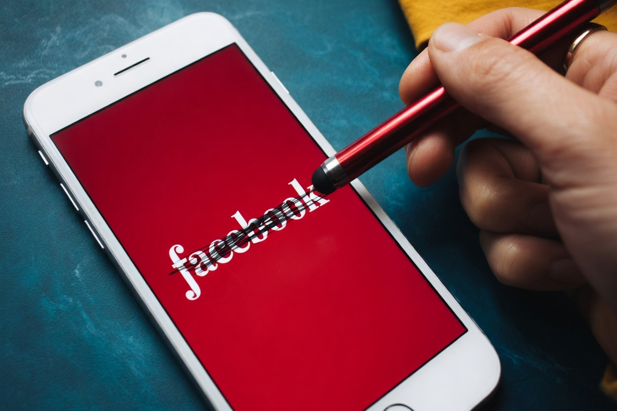 Phone screen with a red background being crossed out in how to delete facebook account.