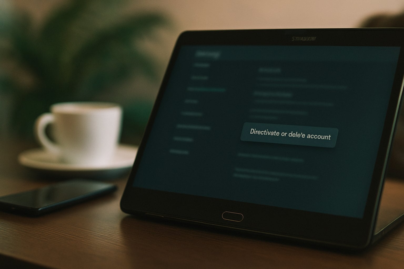 How to Delete or Deactivate Facebook Account 1 A tablet with a 'Directive or delete account' message on the screen, next to a white coffee cup and a.