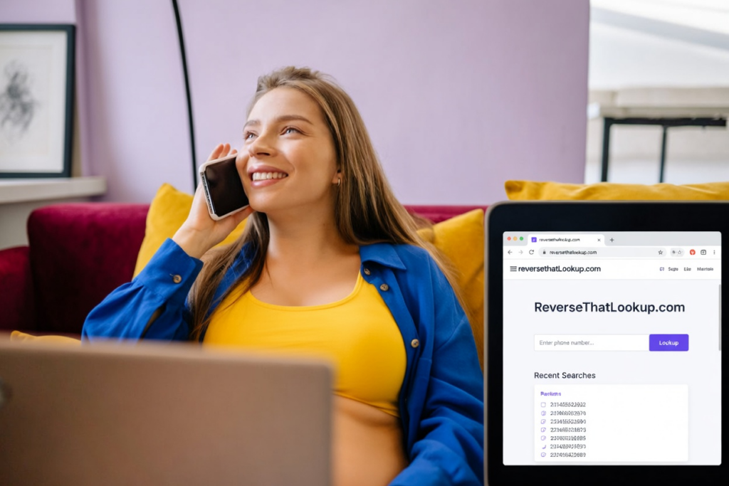 Woman on phone beside a laptop, why is dynata calling context on screen.