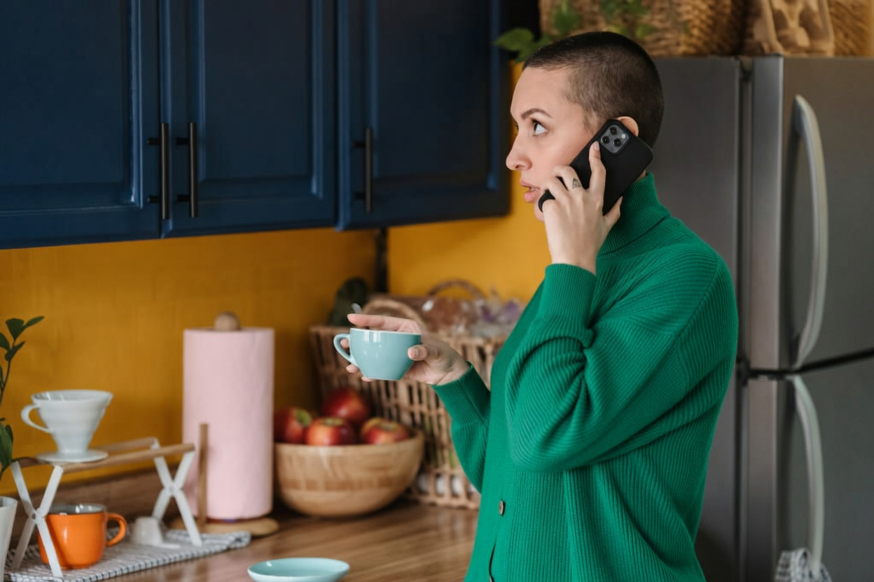 Why Is Dynata Calling 1 A woman in a green sweater talks on her phone while holding a blue cup in a kitchen with blue cabinets and yellow walls.