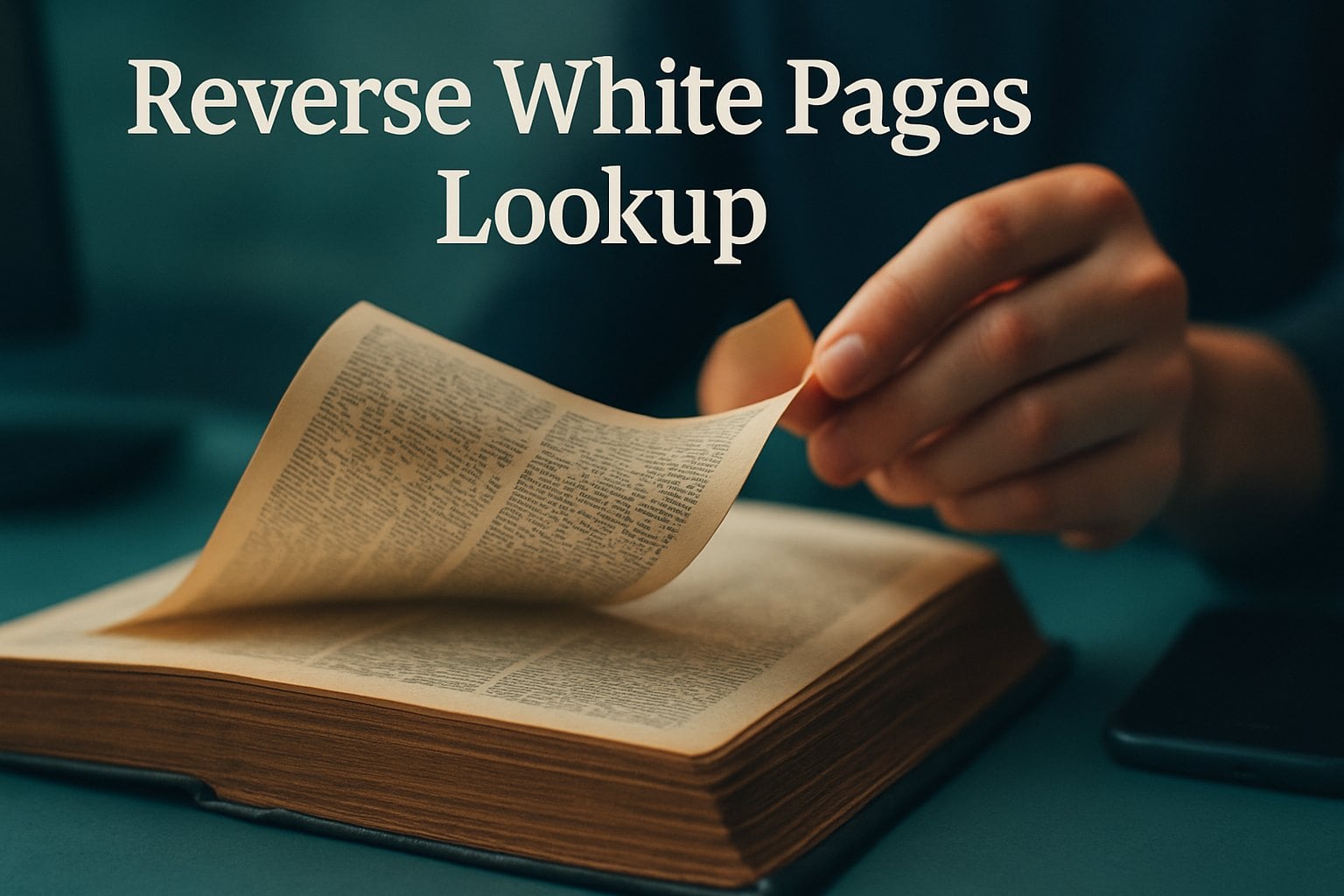 Reverse White Pages Lookup 1 A person is flipping a page in a book, with the text 'Reverse White Pages Lookup' above them