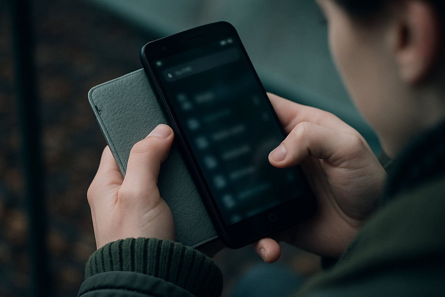 Reverse White Pages Lookup 2 A person holding a smartphone with a green case, looking at a blurred screen