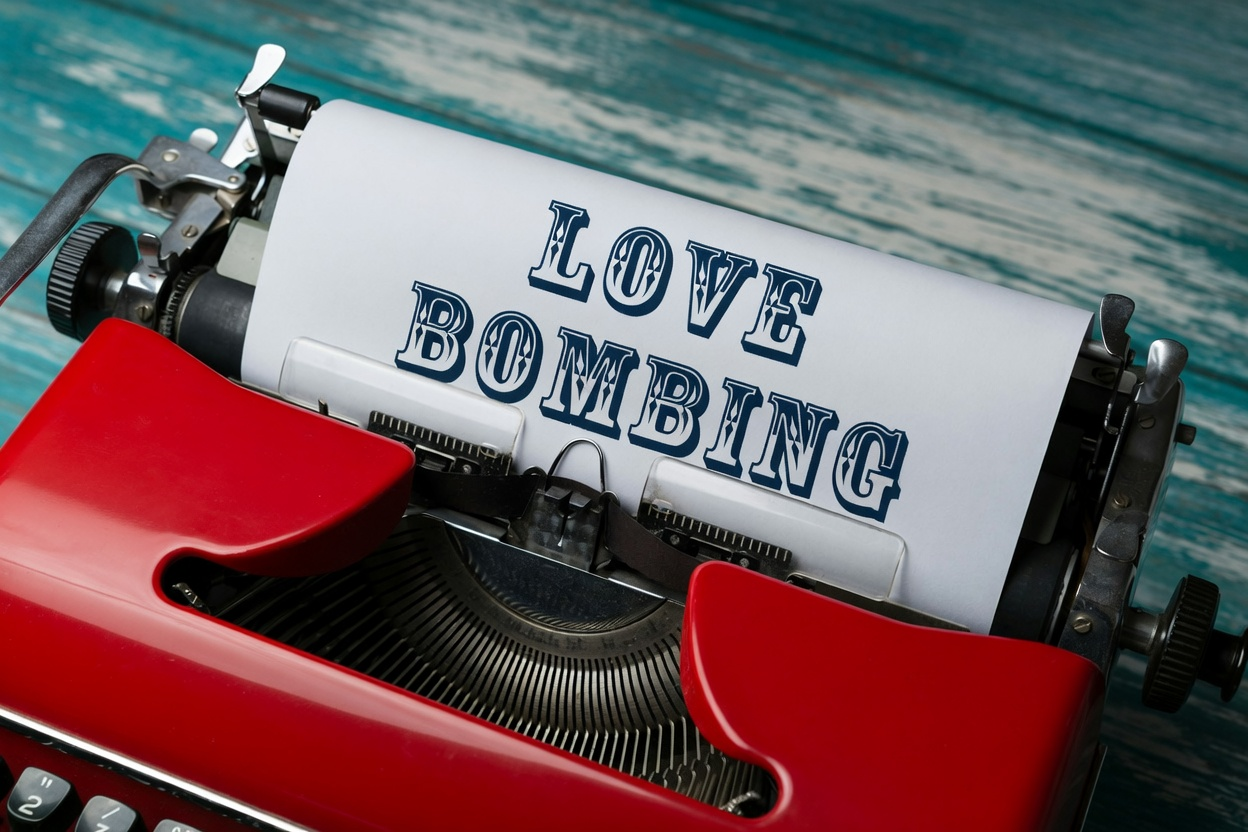 Typewriter with paper reading love bombing, for what is love bombing article
