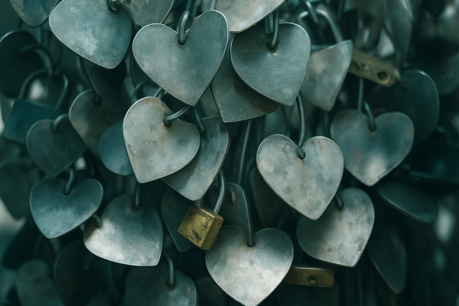 What Is Love Bombing? 1 A cluster of heart-shaped metal locks, some with gold-colored locks, hanging together