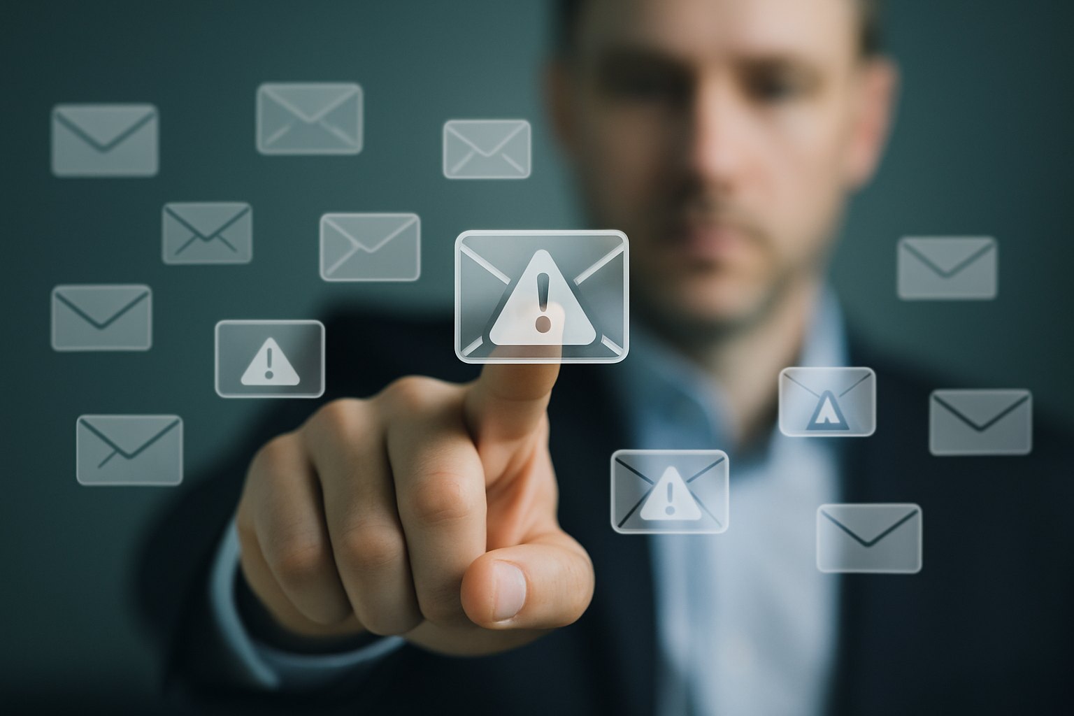 A man in a suit points to a warning symbol on a screen surrounded by envelopes, suggesting caution or.