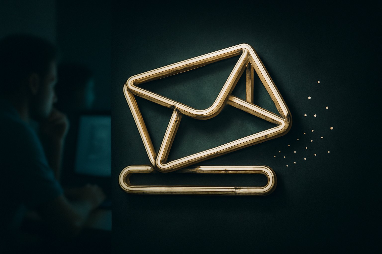 A neon-lit envelope symbol on a dark background