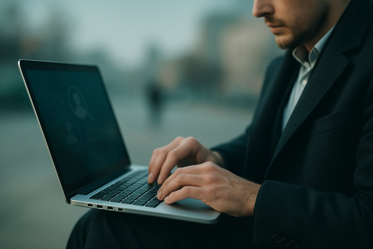 Best People Search Sites 1 A man in a suit typing on a laptop in an outdoor setting