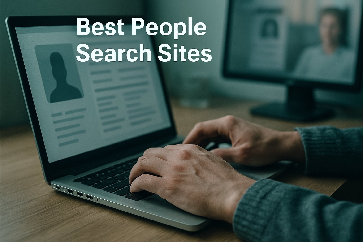 Best People Search Sites 2 A person typing on a laptop with the text 'Best People Search Sites' displayed on the screen