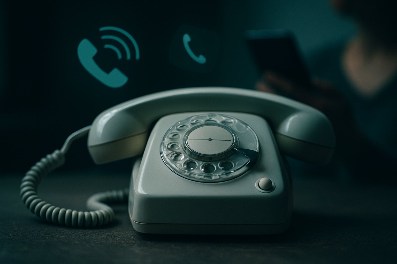 How to Block Spam Calls 1 A classic rotary phone with a person holding a smartphone in the background
