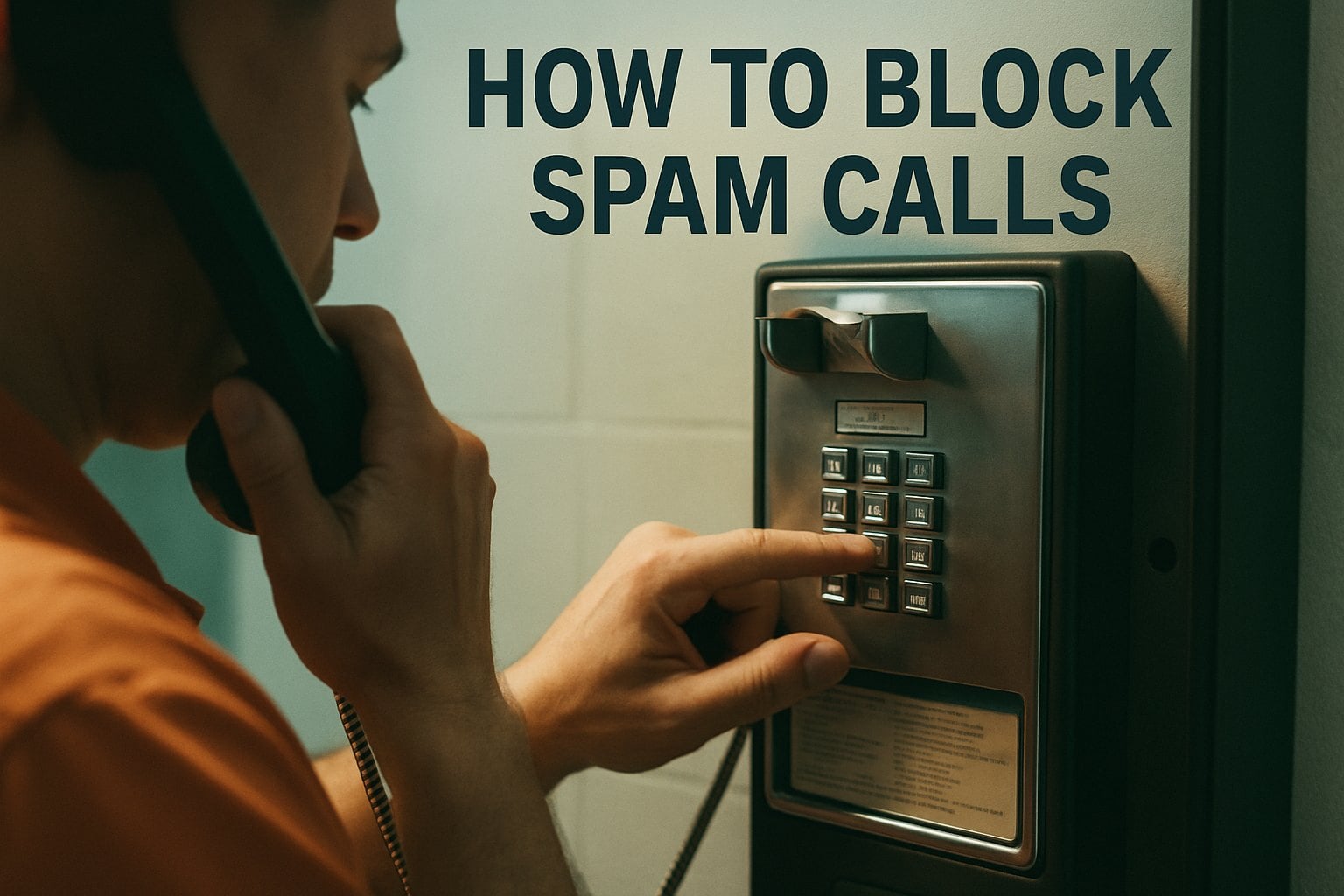 How to Block Spam Calls 2 A man in an orange shirt is blocking spam calls on a payphone