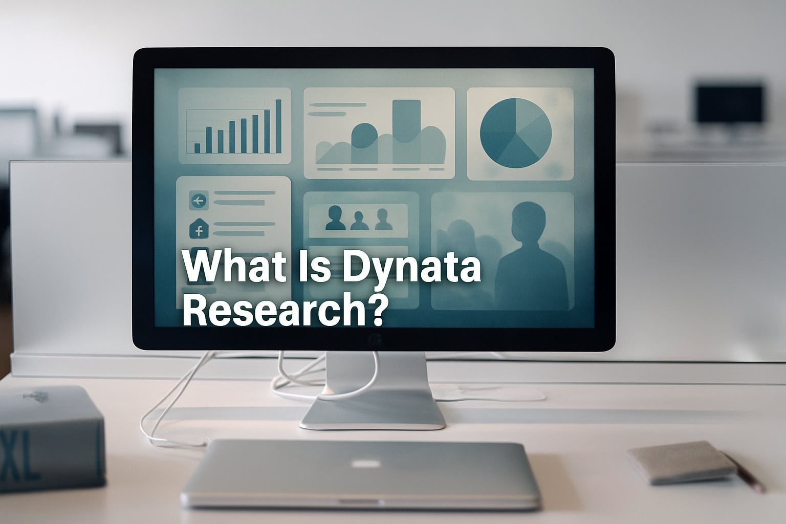 A computer monitor displaying a chart with the question "What is Dynata Research?.
