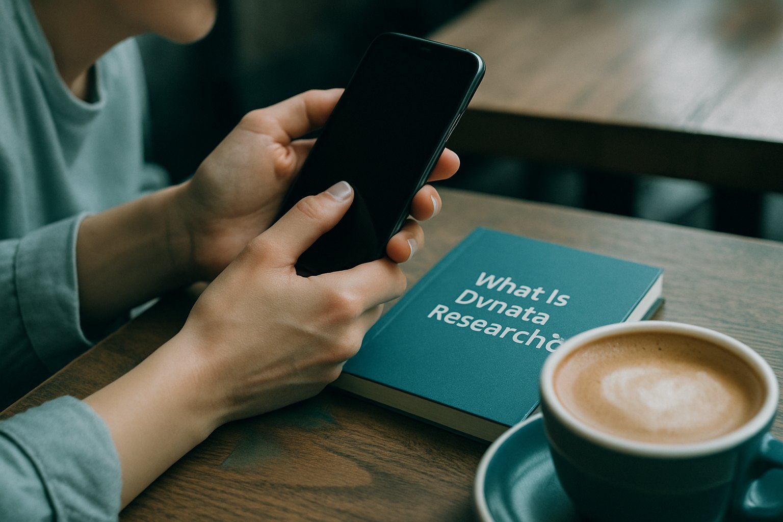 A person holding a smartphone next to a book titled 'What is Dvnta Research?' and a cup of coffee on.
