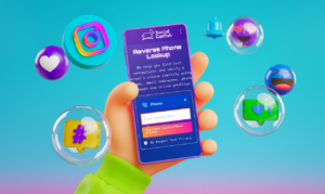 Hand holding a phone with bubbles, for google phone number lookup free.