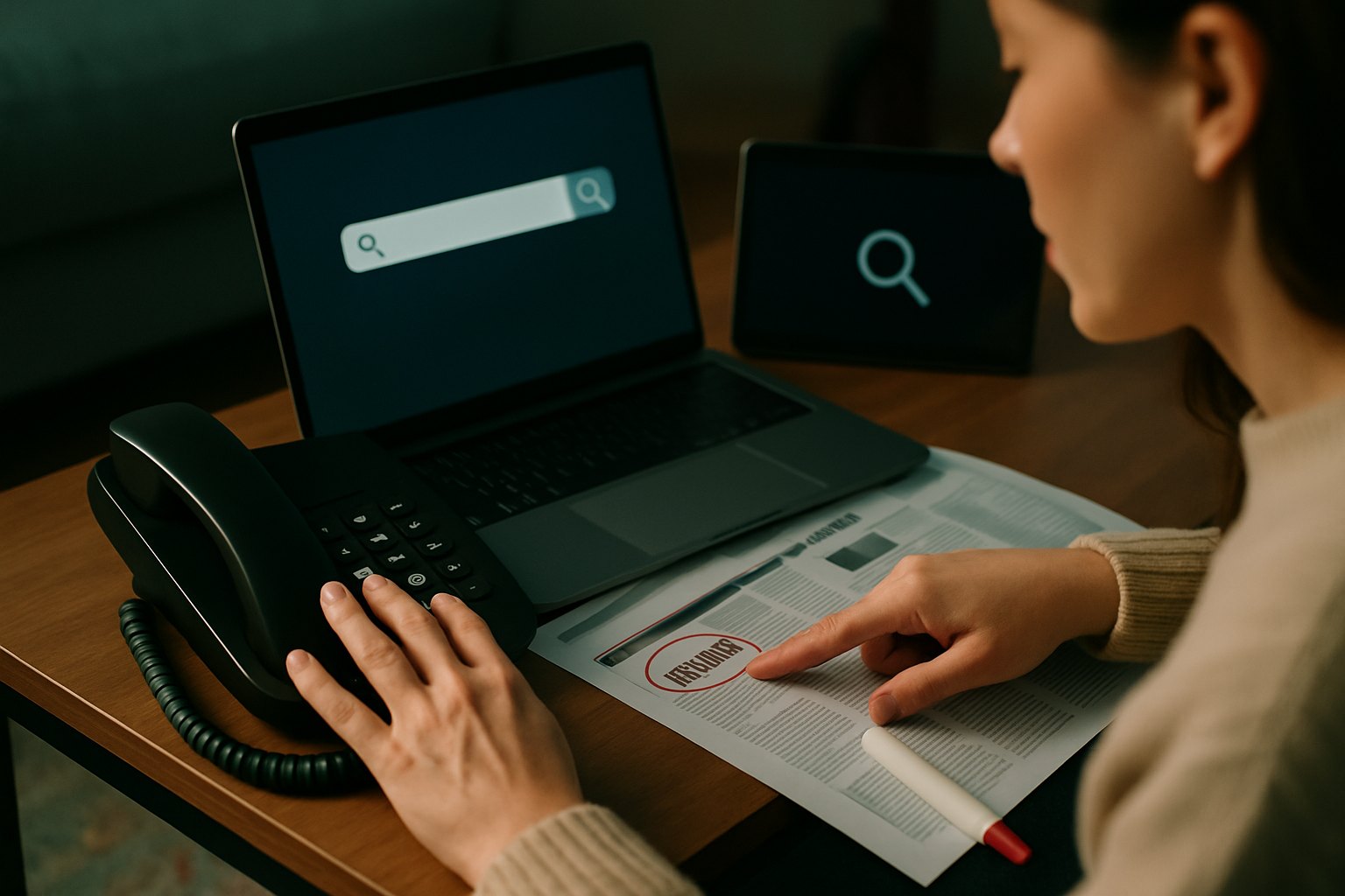 Google Phone Number Lookup Free 2 A woman working on a laptop with a magnifying glass icon, pointing at a document with a red circle