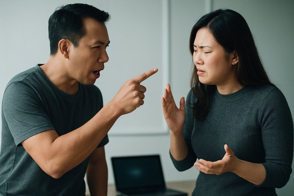 Angry man pointing at upset woman, illustrating stages of love bombing.