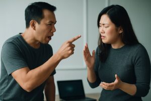 Angry man pointing at upset woman, illustrating stages of love bombing.