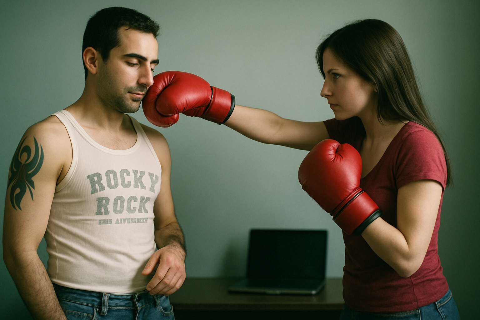 A man wearing a tank top with 'Rocky Rock' written on it and a woman in boxing gloves.