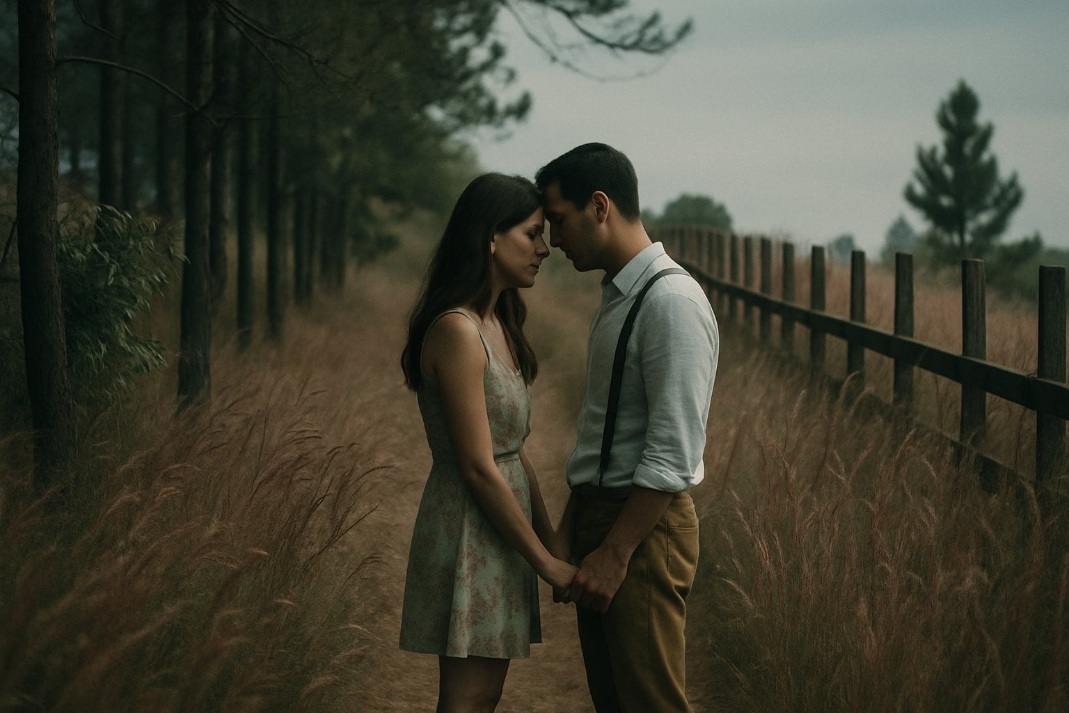 A couple stands in a field with trees and a fence, holding hands and looking at each other.