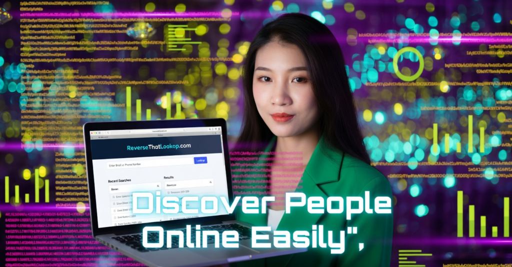 Woman beside a laptop with data graphics for people search websites.