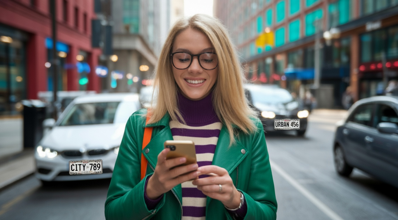 Best People Search Websites 1 A woman in a green jacket and glasses is smiling as she looks at her phone on a busy city street.