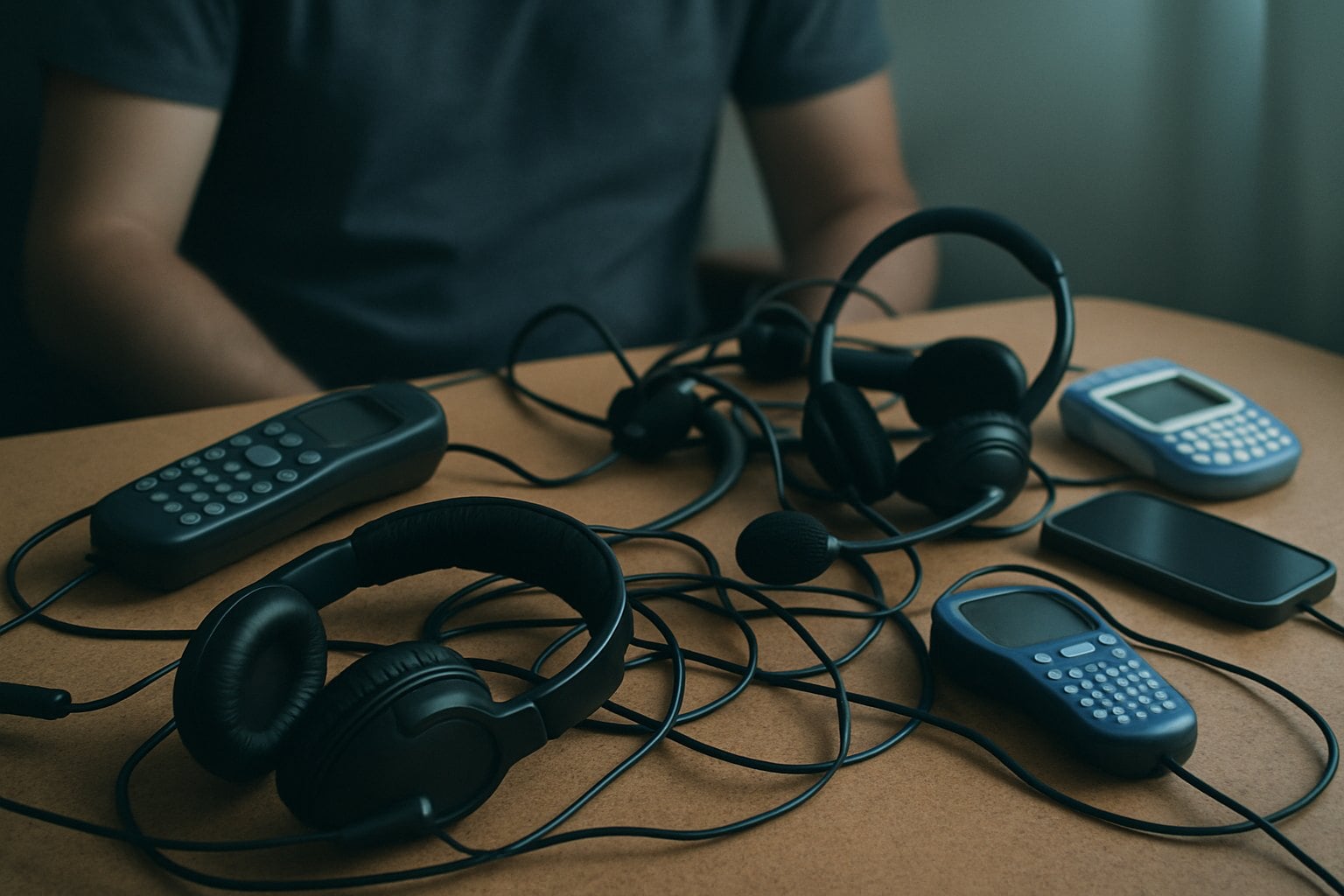 How To Stop Dynata Calls 1 A person is sitting at a desk with a cell phone, a laptop, and a pair of headphones on the table.