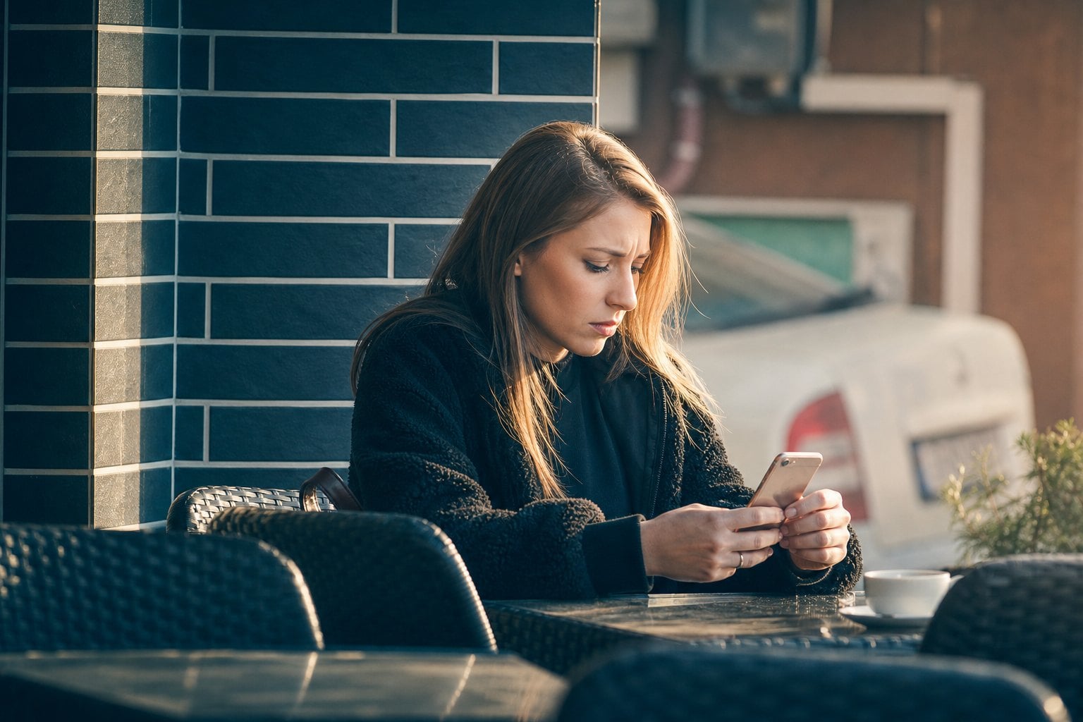 How To Stop Dynata Calls 2 A woman sitting at a table, looking at her smartphone with a neon heart screen, with a brick wall and a car in the backg