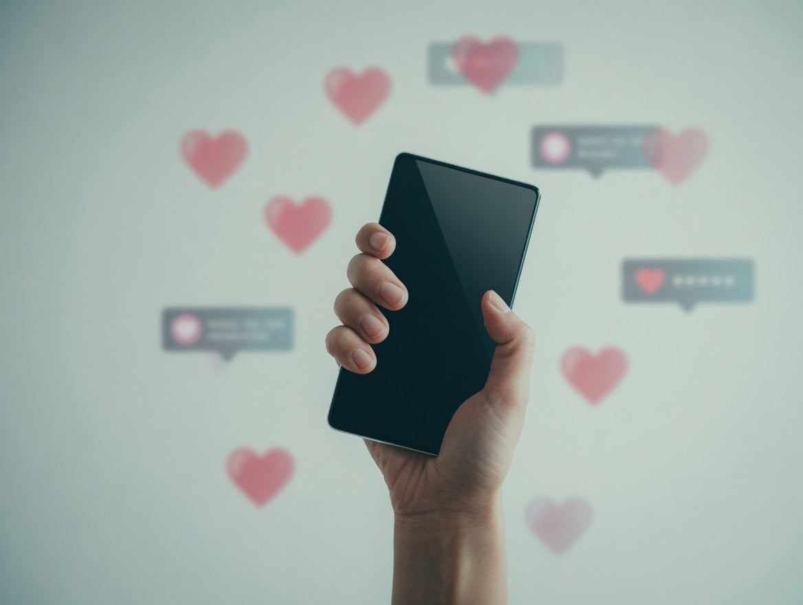 Love Bombing on Dating Apps 1 A hand holding a smartphone with a blurred background of hearts and speech bubbles.