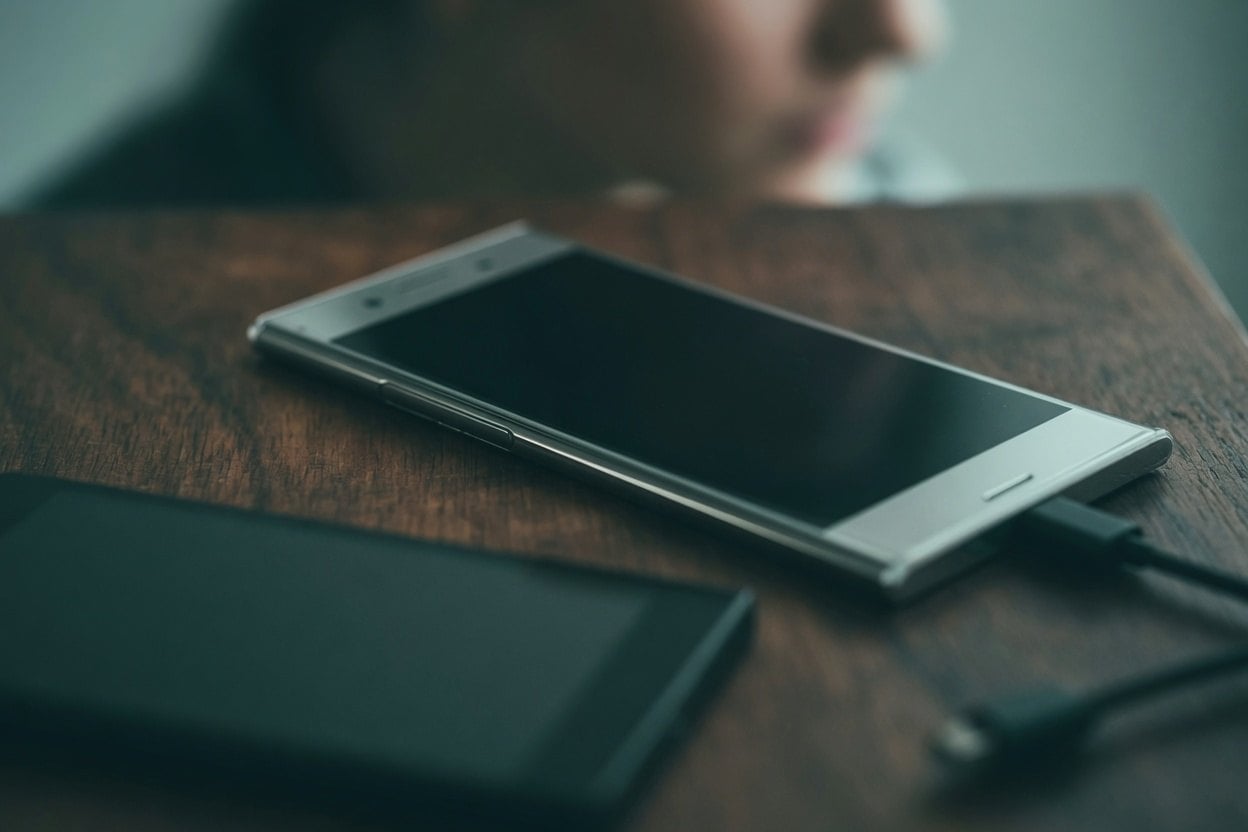 Love Bombing on Dating Apps 2 A smartphone charging on a wooden table with a blurred background.
