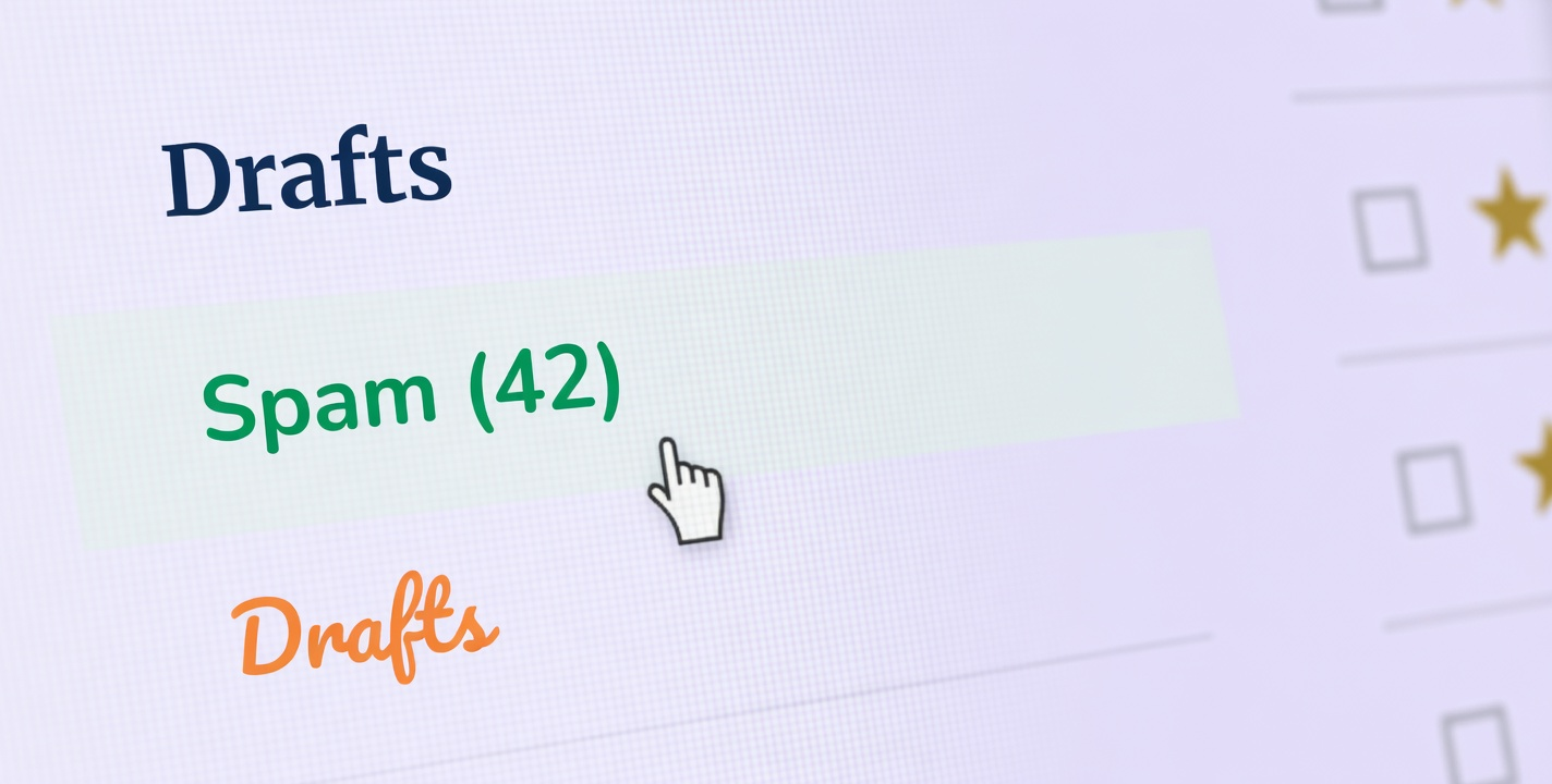 Cursor points at Spam in an email folder, illustrating how to stop spam emails.