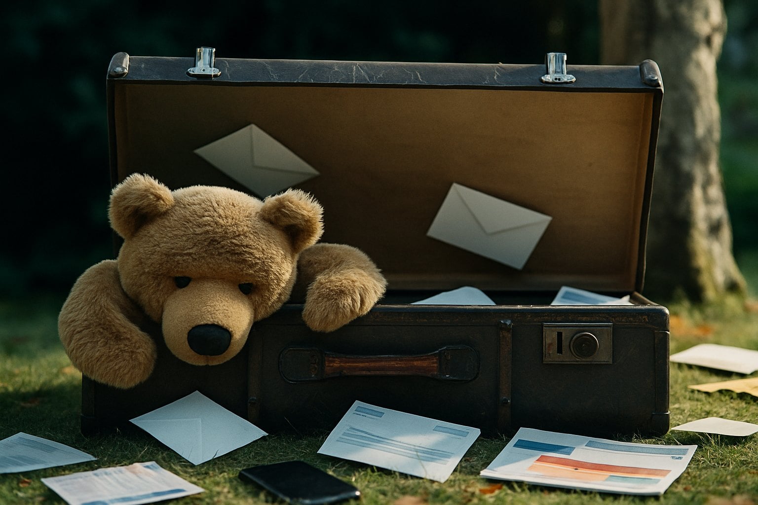 A teddy bear peeking out of an open suitcase with letters and papers scattered around