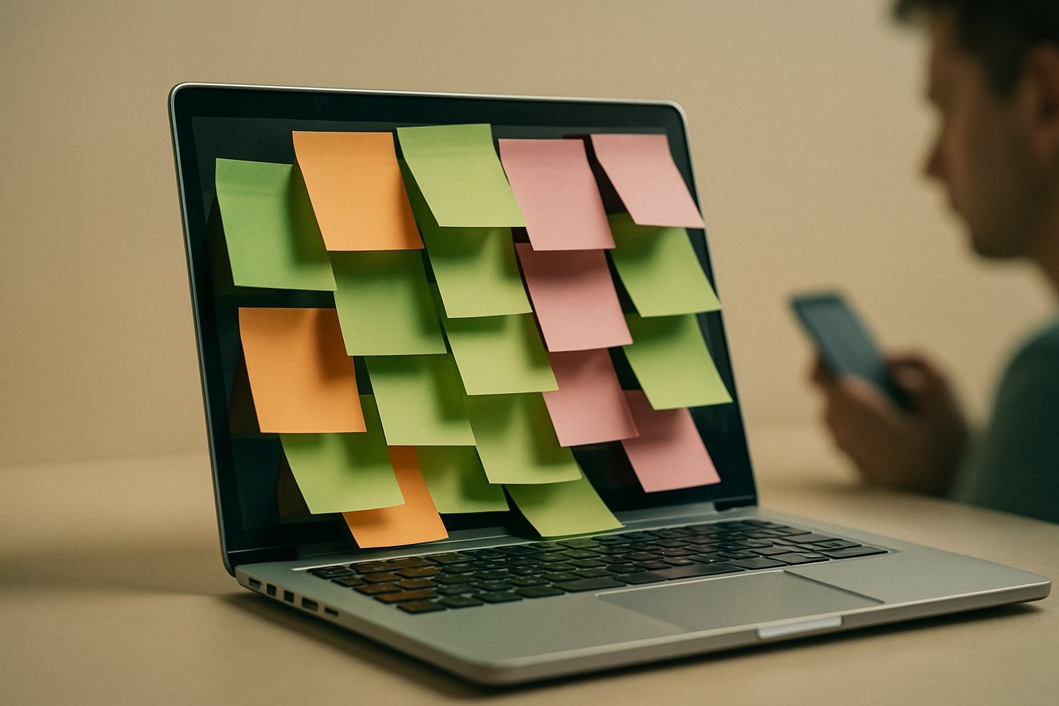 A laptop with colorful sticky notes on the screen, a man looking at his phone in the background