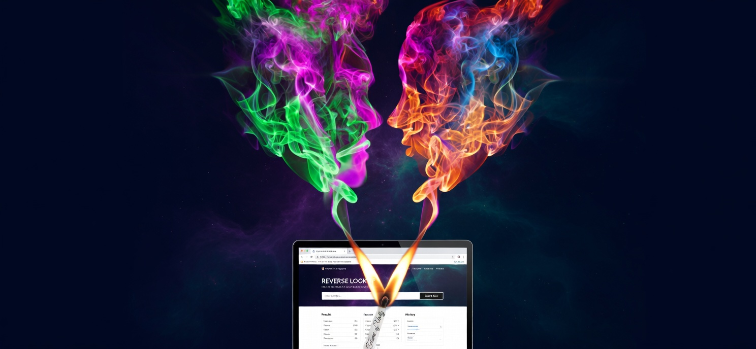 Two faces merging into a single entity with colorful smoke, symbolizing love and deception in a catfishing scam